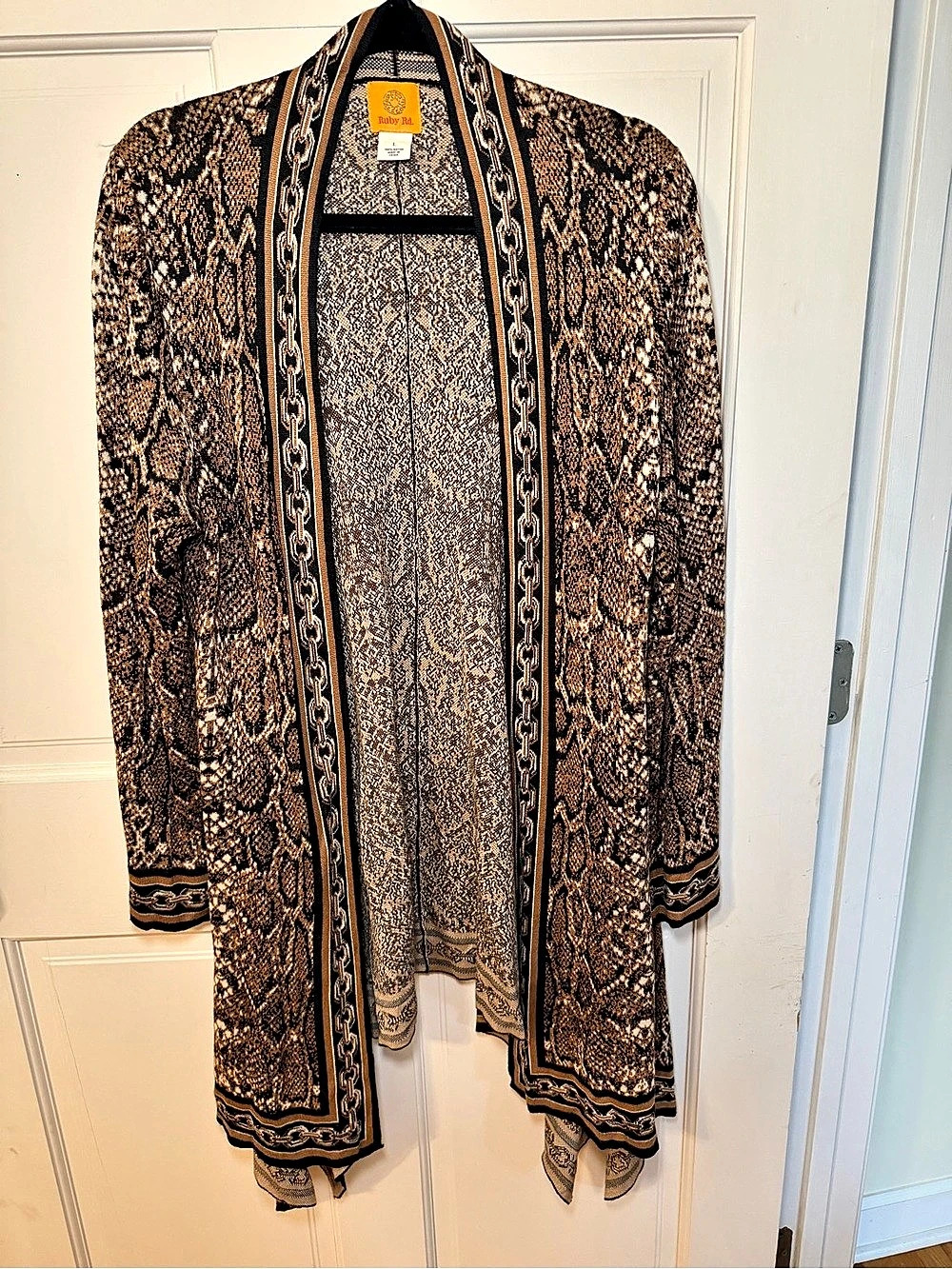 Ruby Rd. Chain Border Snake Print Long Cardigan. Brown & Black Large